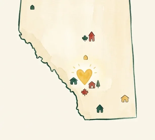 Watercolor map of the Calgary region showing Alberta Maple Care's service area
