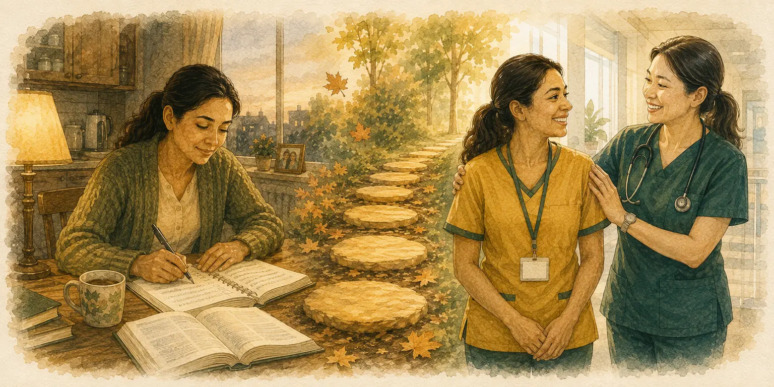 Watercolor of a garden path of stepping stones climbing between young maple trees toward morning light