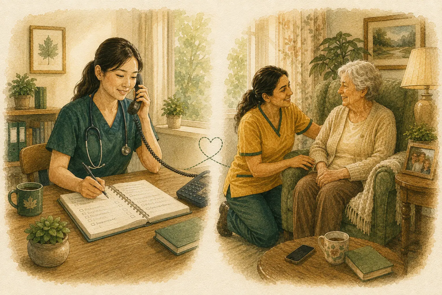 Watercolor of a nurse on the phone at her desk while a caregiver kneels beside a senior woman's armchair, connected by the same call