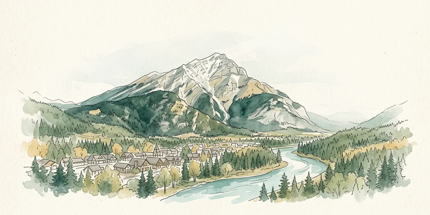 Watercolor illustration of Banff, Alberta