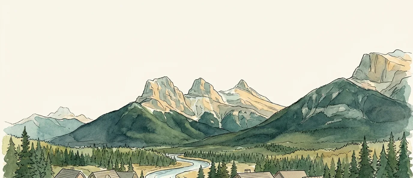 Watercolor illustration of Canmore, Alberta