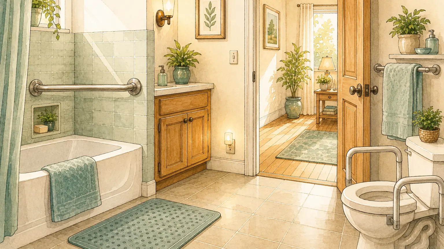 Watercolor of a bright, safe bathroom and hallway with a grab bar, non-slip mat and night-light