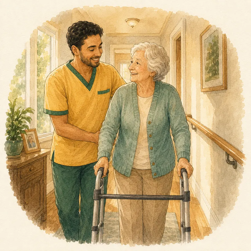 Watercolor of a caregiver walking beside a senior woman using a walker down a sunlit hallway