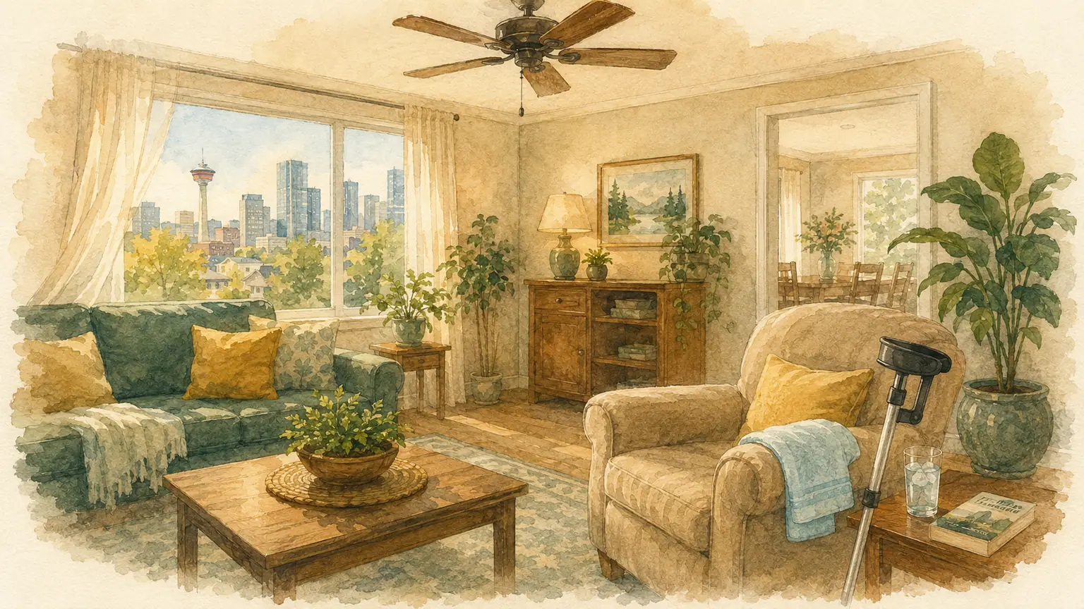 Watercolor of a bright, cool living room with a ceiling fan, a glass of ice water and a folded cooling towel waiting beside an armchair