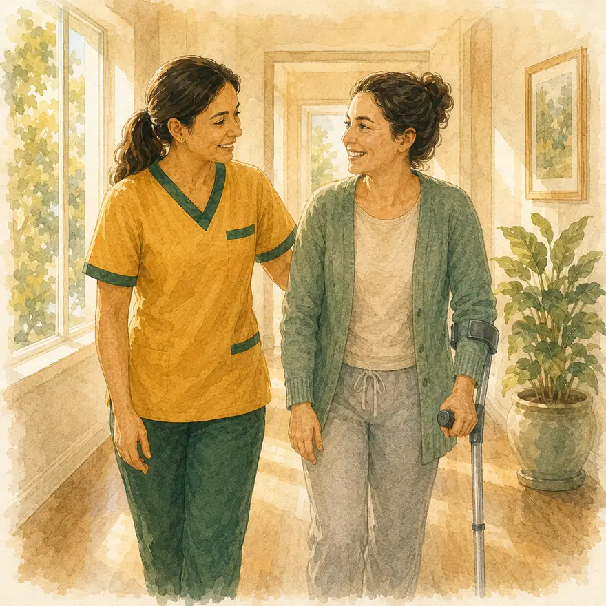 Watercolor of a caregiver walking beside a smiling young woman using a forearm crutch in a sunlit hallway