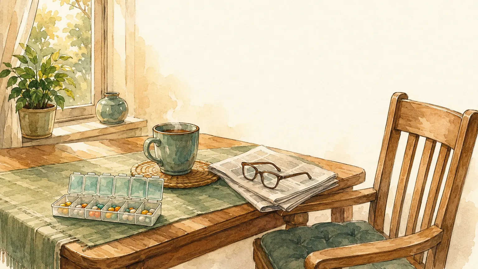 Watercolor of a quiet breakfast table with a weekly pill organizer, teacup and reading glasses