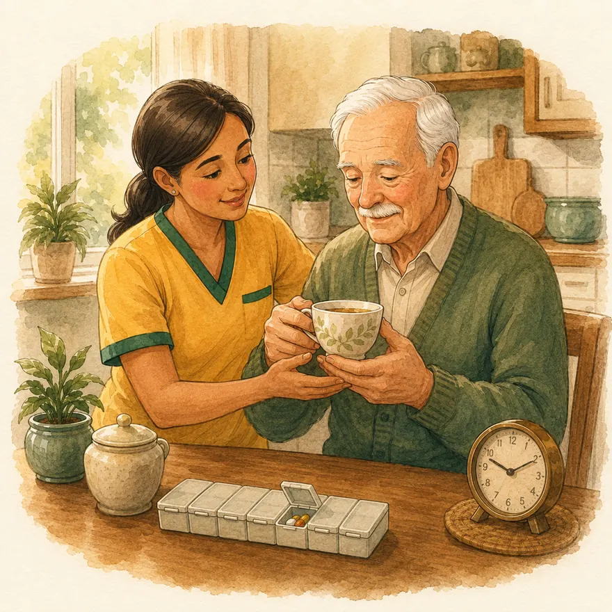 Watercolor of a caregiver steadying a senior man's hands as he lifts a teacup