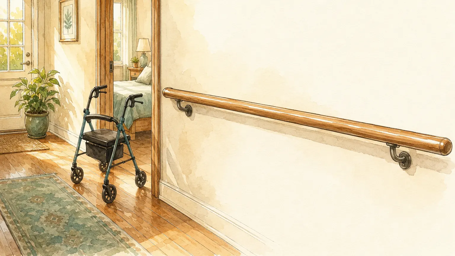 Watercolor of a sunlit home hallway with a new wooden handrail and a walker by the bedroom door