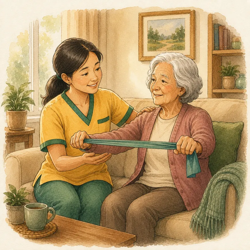 Watercolor of a caregiver guiding a senior woman through gentle arm exercises on the sofa