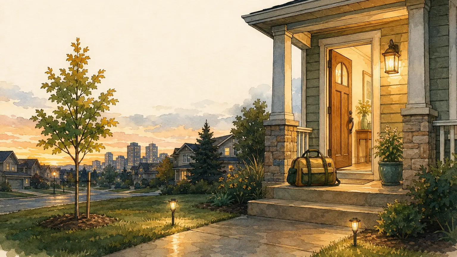 Watercolor of a warm porch light glowing at dusk with a care bag on the step and the front door open
