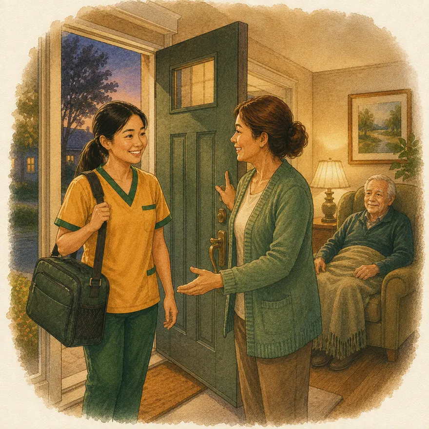 Watercolor of a caregiver with a care bag being welcomed at the door by a relieved family member