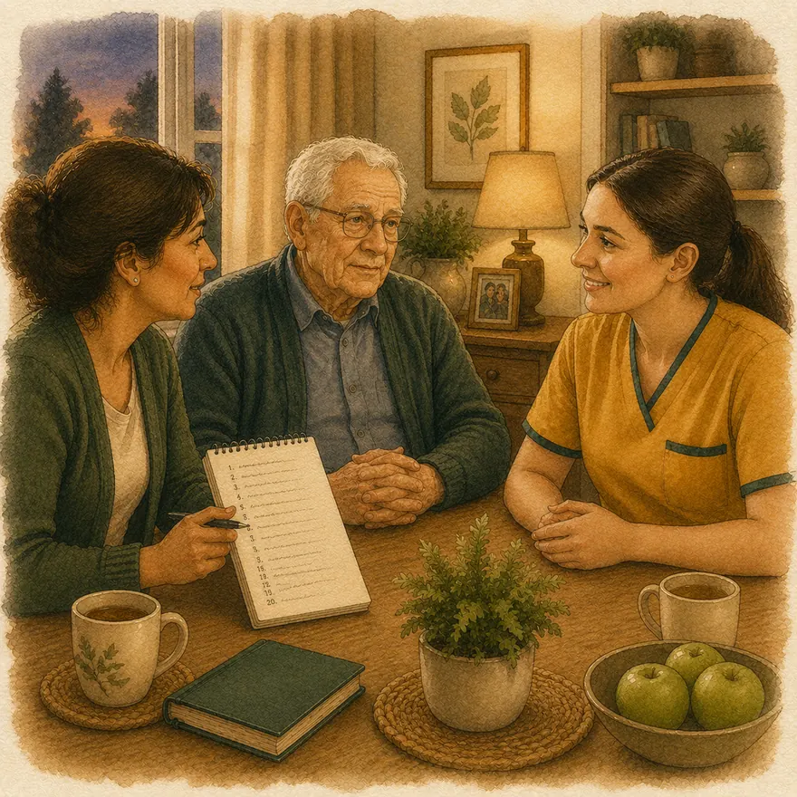 Watercolor of a family interviewing a smiling caregiver across the kitchen table