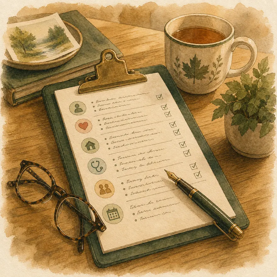 Watercolor of a clipboard holding a handwritten care plan with ticked checkboxes, beside a pen and teacup