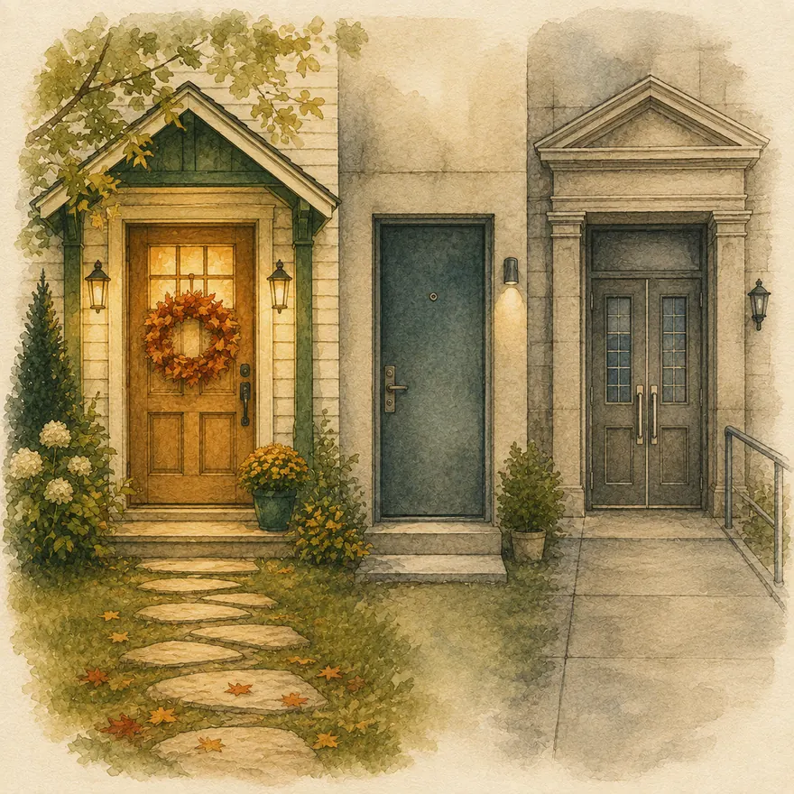 Watercolor of three doors: a warm home door with a maple wreath, an apartment door and an institutional door