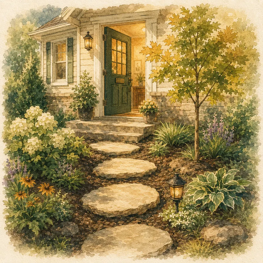 Watercolor of a sunlit front path with stepping stones leading to a welcoming open front door
