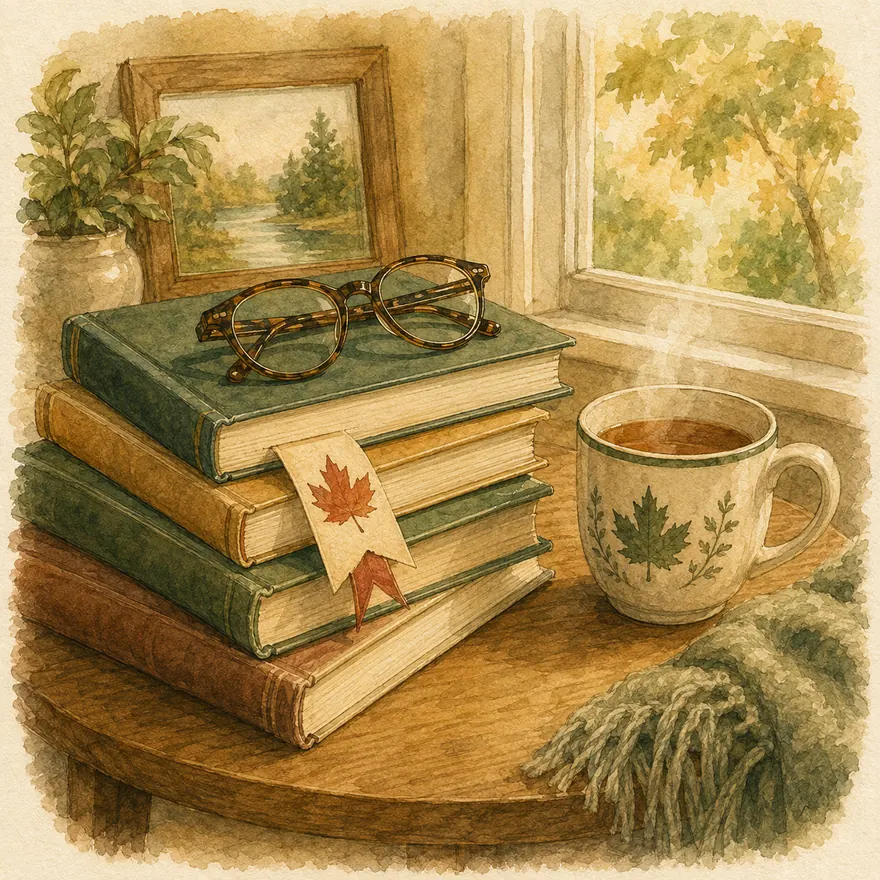 Watercolor of a stack of books with a maple-leaf bookmark, reading glasses and a cup of tea