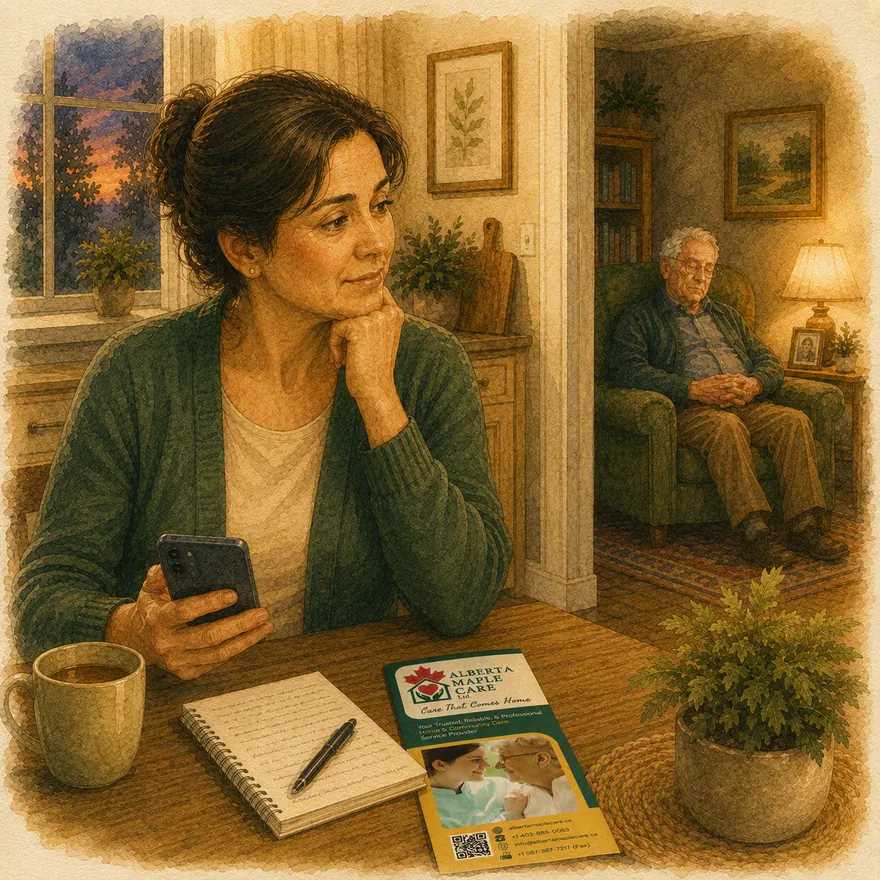 Watercolor of a woman at a kitchen table at dusk, notepad in hand, glancing toward her napping father