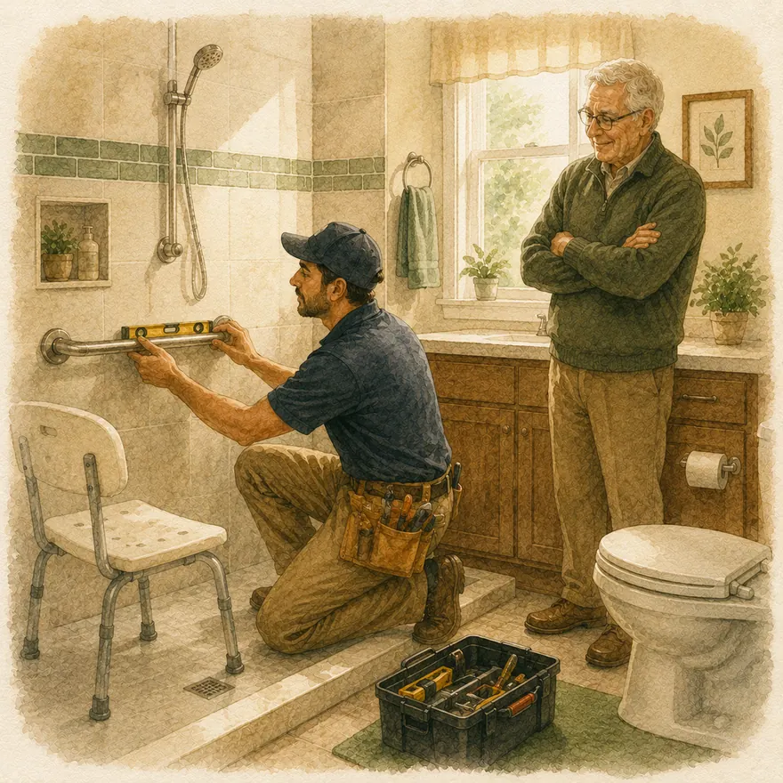 Watercolor of a caregiver checking a sturdy grab bar in a bright bathroom while a senior man watches