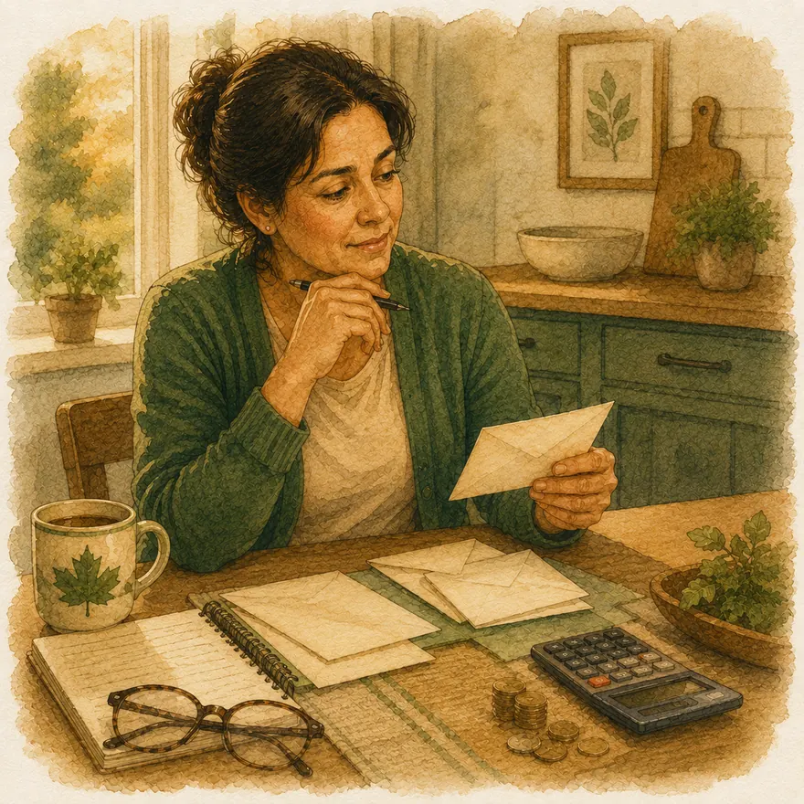 Watercolor of a tidy kitchen table with envelopes, a calculator, coins and a maple-leaf mug