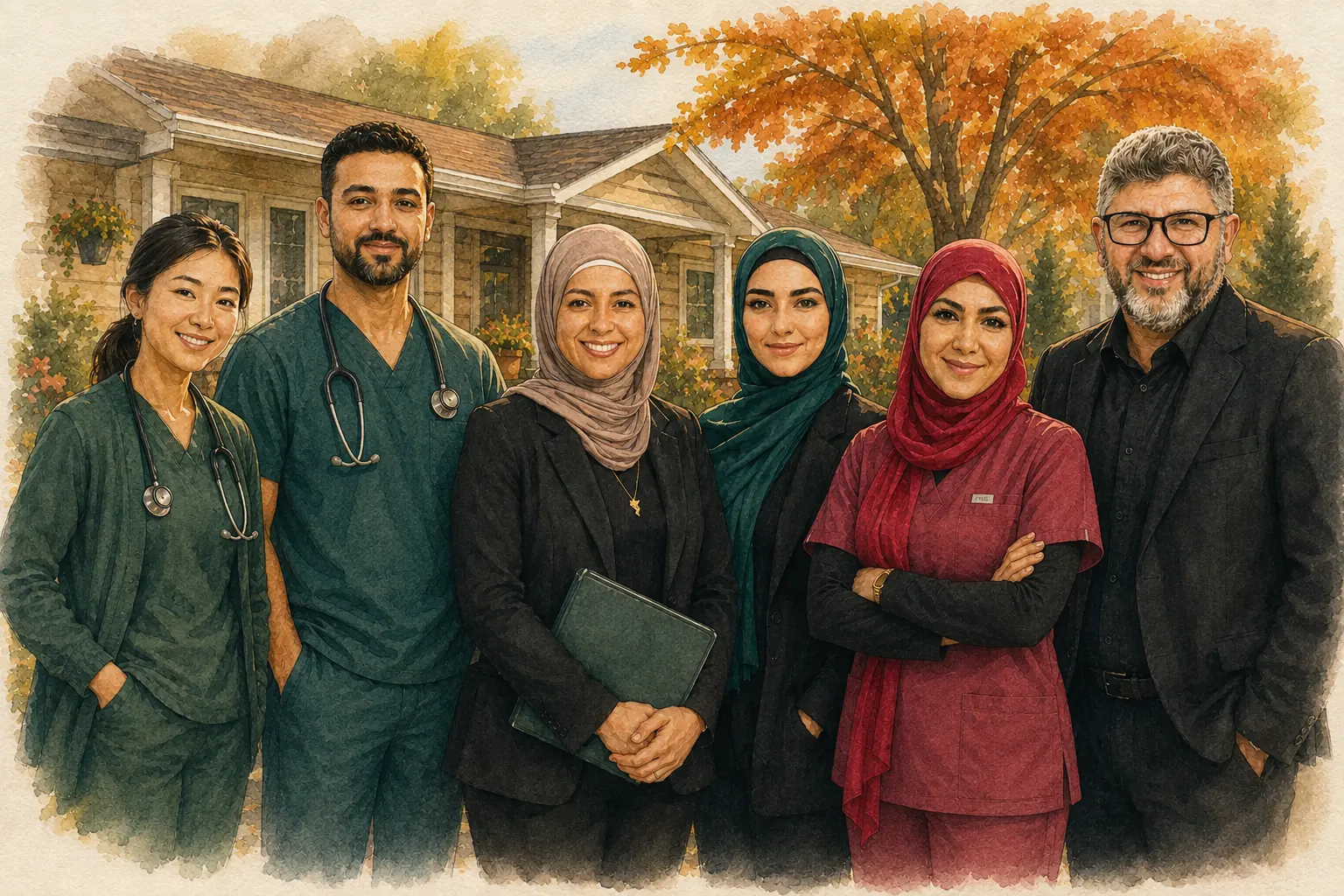 Watercolor of the Alberta Maple Care team standing together in front of a Calgary home in autumn