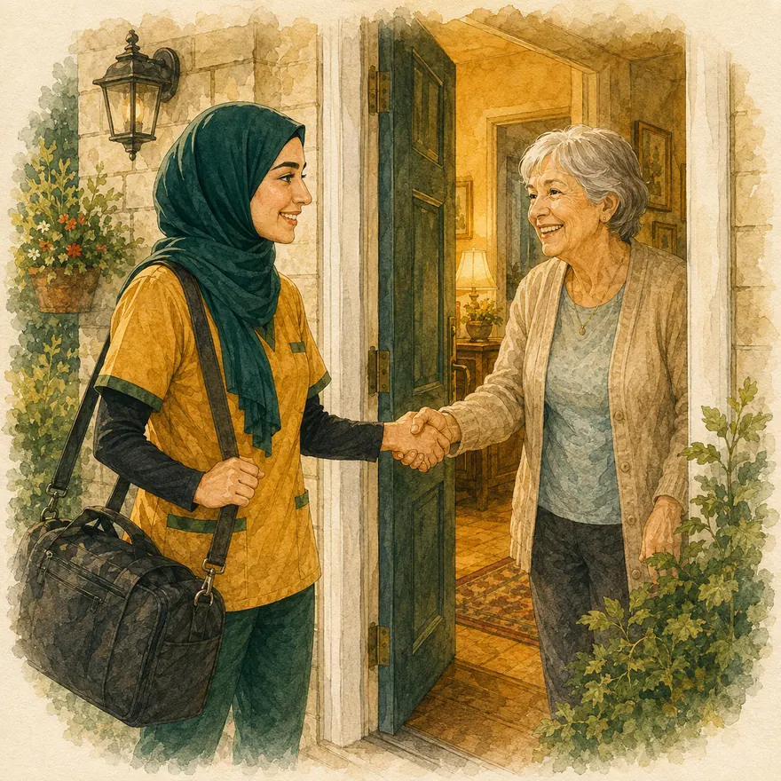 Watercolor of a nurse being welcomed at the doorstep by a smiling senior woman