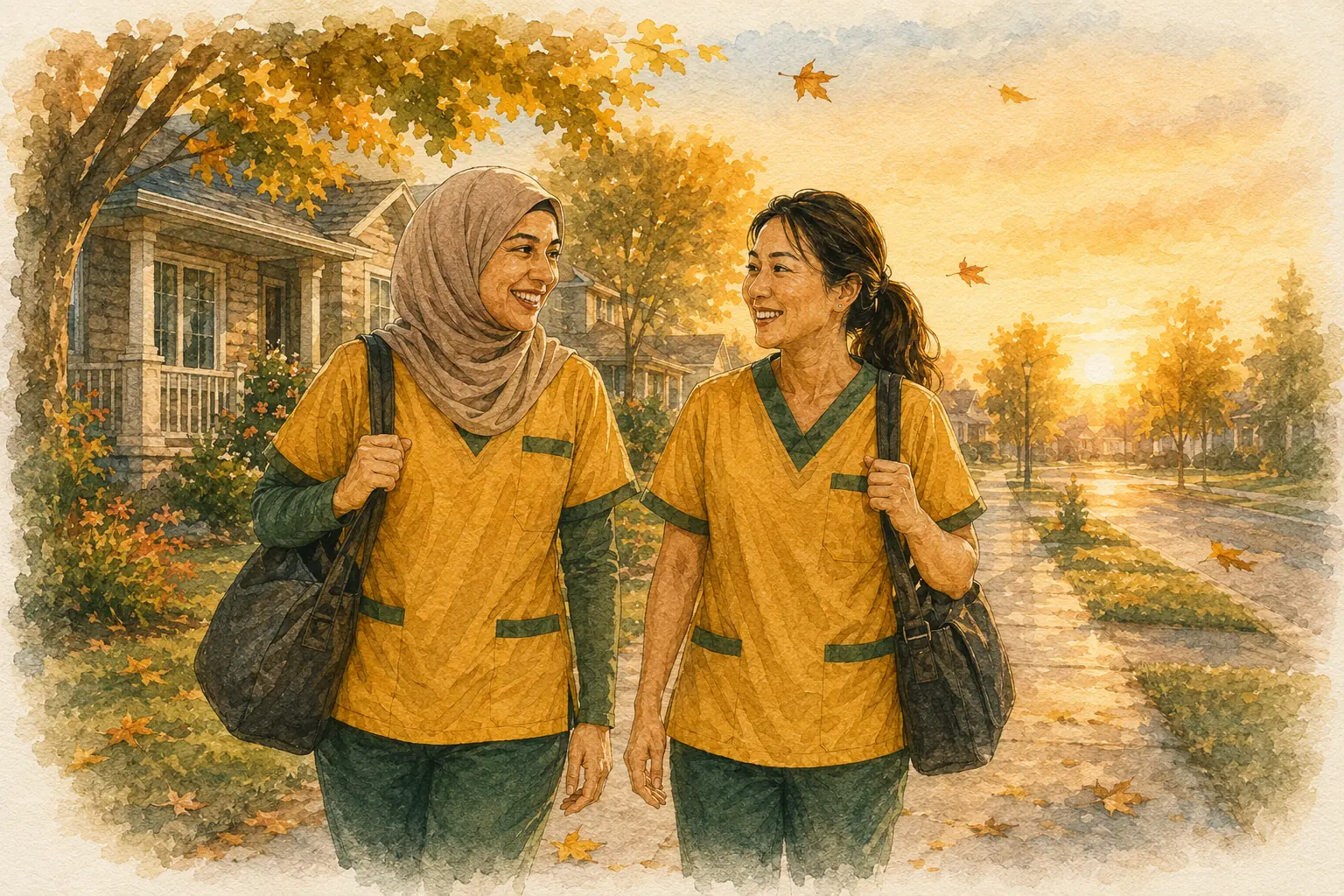 Watercolor of two Alberta Maple Care caregivers with care bags walking a leafy autumn street at sunset