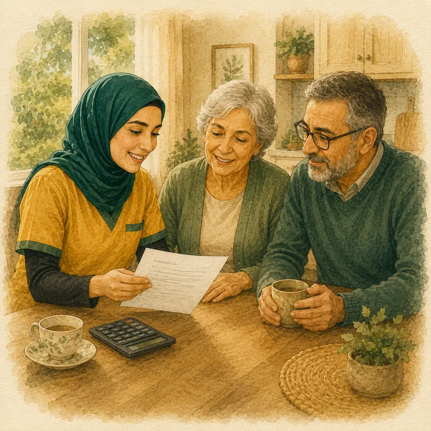 Watercolor of a nurse showing a senior couple a single clear sheet of paper at the kitchen table