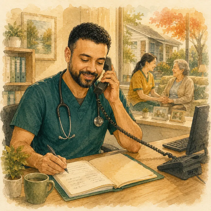 Watercolor of a nurse at a clinic desk on the phone reviewing a patient folder