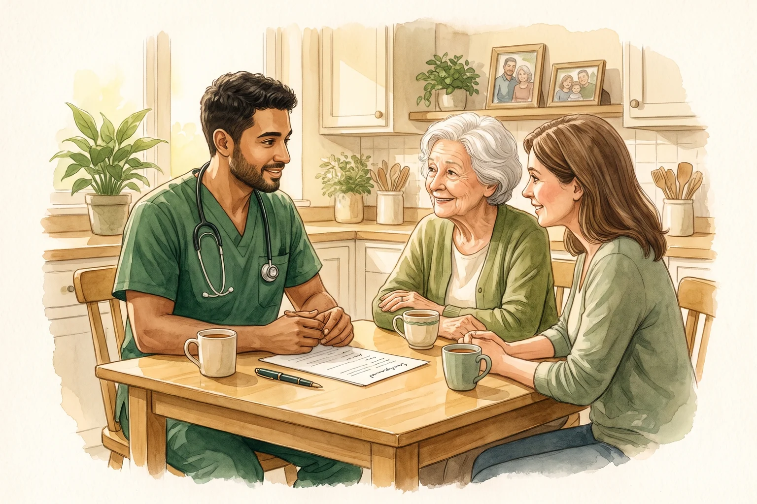 A nurse at a kitchen table with a client and her daughter, going through the care plan over tea