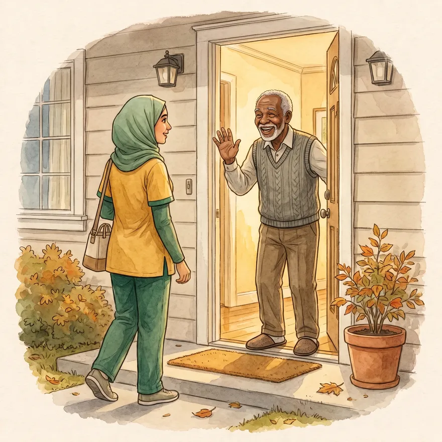 Watercolor of a caregiver in a green hijab and yellow uniform arriving at a front door, where an older man waves hello