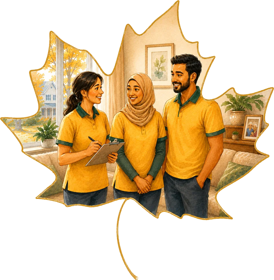 Watercolor illustration of the Alberta Maple Care team painted inside a hand-sketched gold maple leaf — a registered nurse with a clipboard and two caregivers in a client's living room