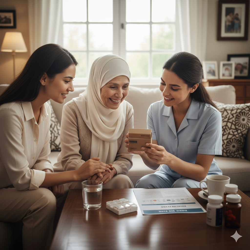 Caregiver collaborating with a senior woman and her family member to discuss a personalized home care plan.
