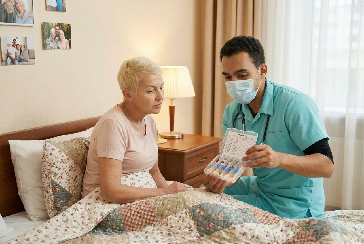 Professional caregiver reviewing medication safety with a senior woman, ensuring high standards of quality care.