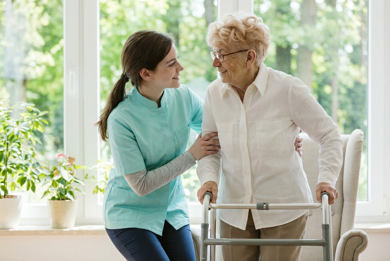 Caregiver holding a senior woman's arm with warmth, illustrating the genuine family touch that makes Alberta Maple Care different.