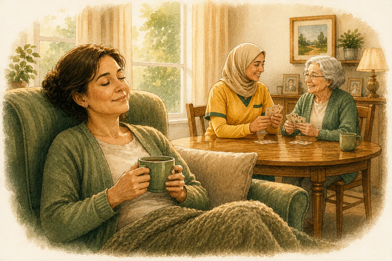 Watercolor of a tired family caregiver resting with tea while a hijab-wearing caregiver in long sleeves plays cards with her elderly mother
