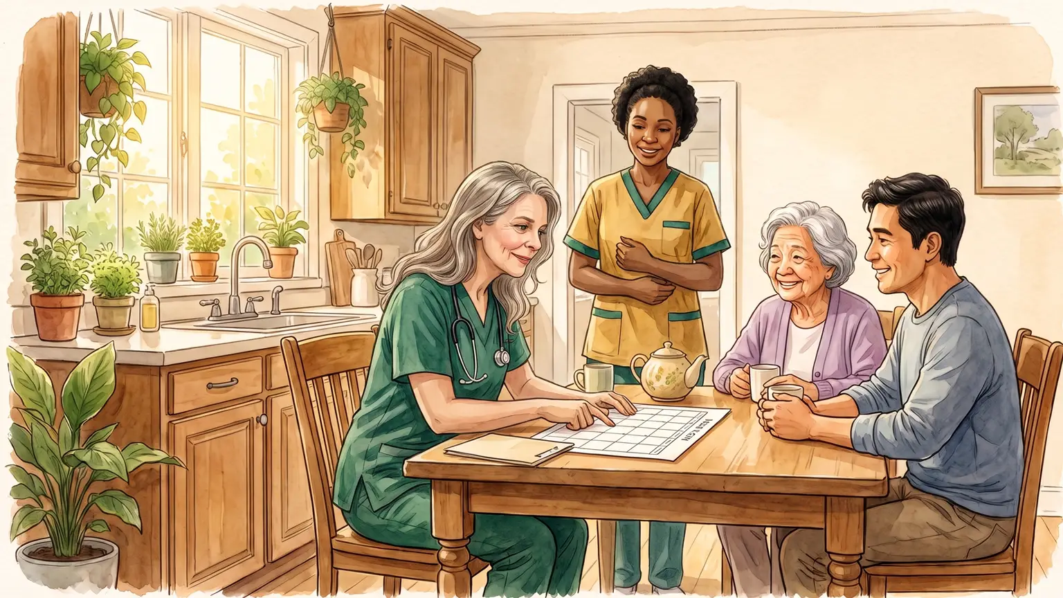 Watercolor of a nurse in green scrubs planning a weekly care schedule at a kitchen table with an older woman and her adult son, while a caregiver in a yellow uniform looks on