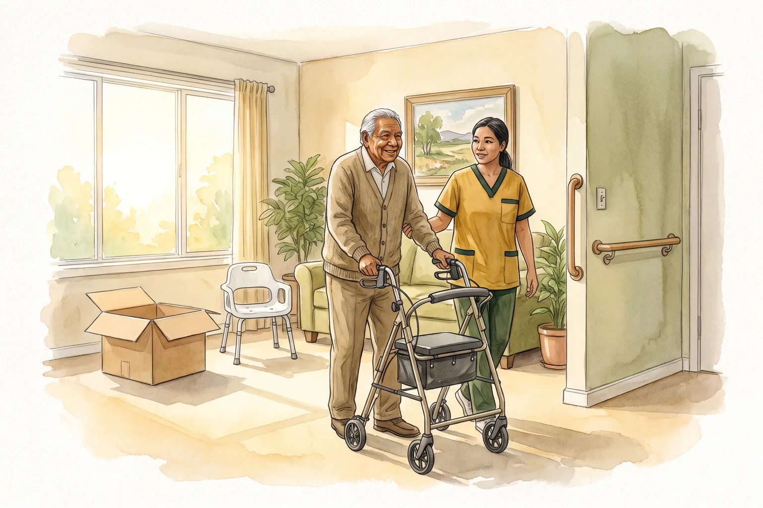 Watercolour: an older man tries a new rollator walker at home with a caregiver beside him, a bath seat and a grab bar nearby