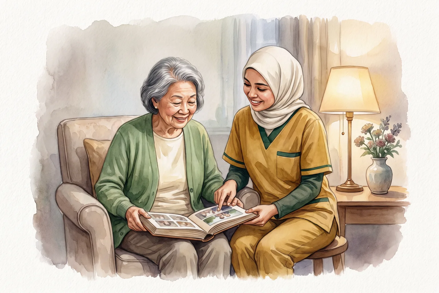Watercolour: an older woman in her armchair looks through a photo album with a caregiver beside her
