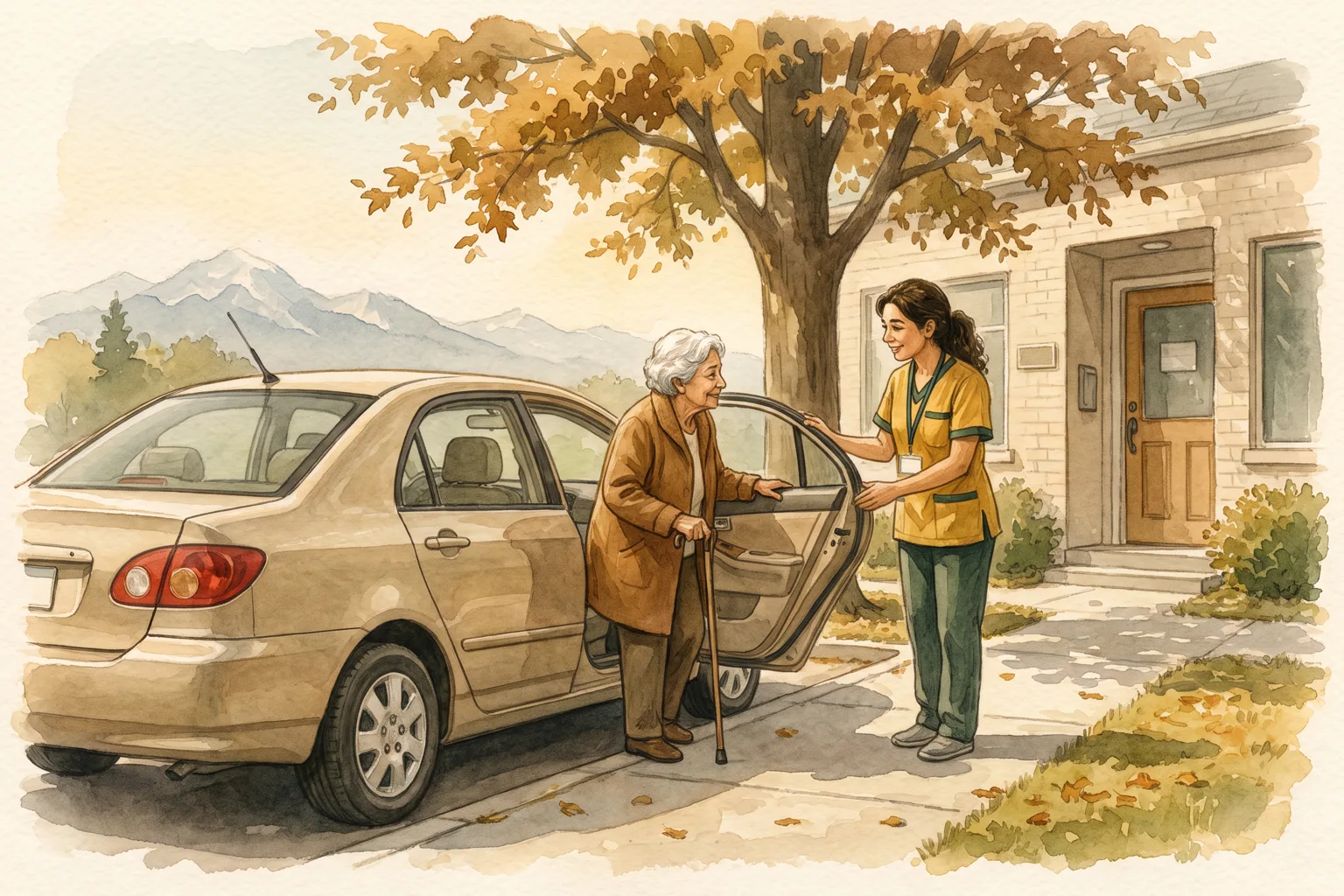 Watercolour: a caregiver holds a car door open at the kerb outside a clinic while an older woman with a cane steps out of the back seat